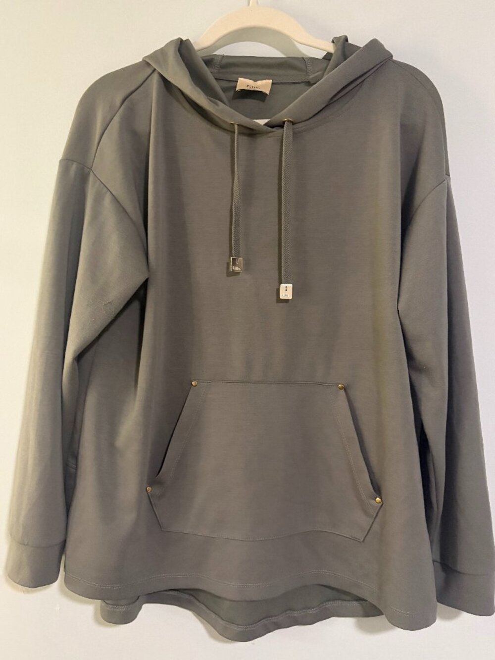 Elie Tahari Gray Studded Kangaroo Pocket Pullover Hoodie Sweatshirt L